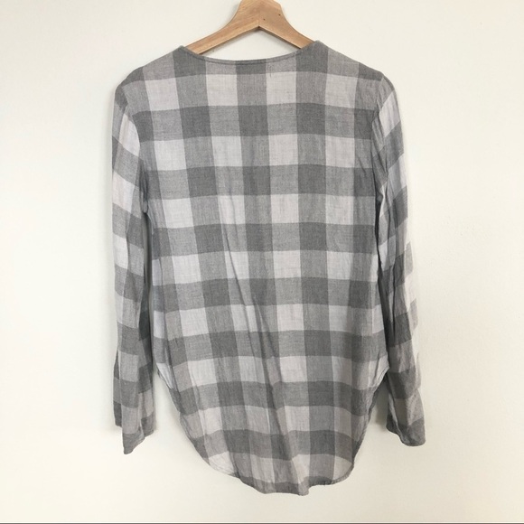 Cloth & Stone gray lace up neck high low hem check print flannel shirt size XS - Picture 3 of 5